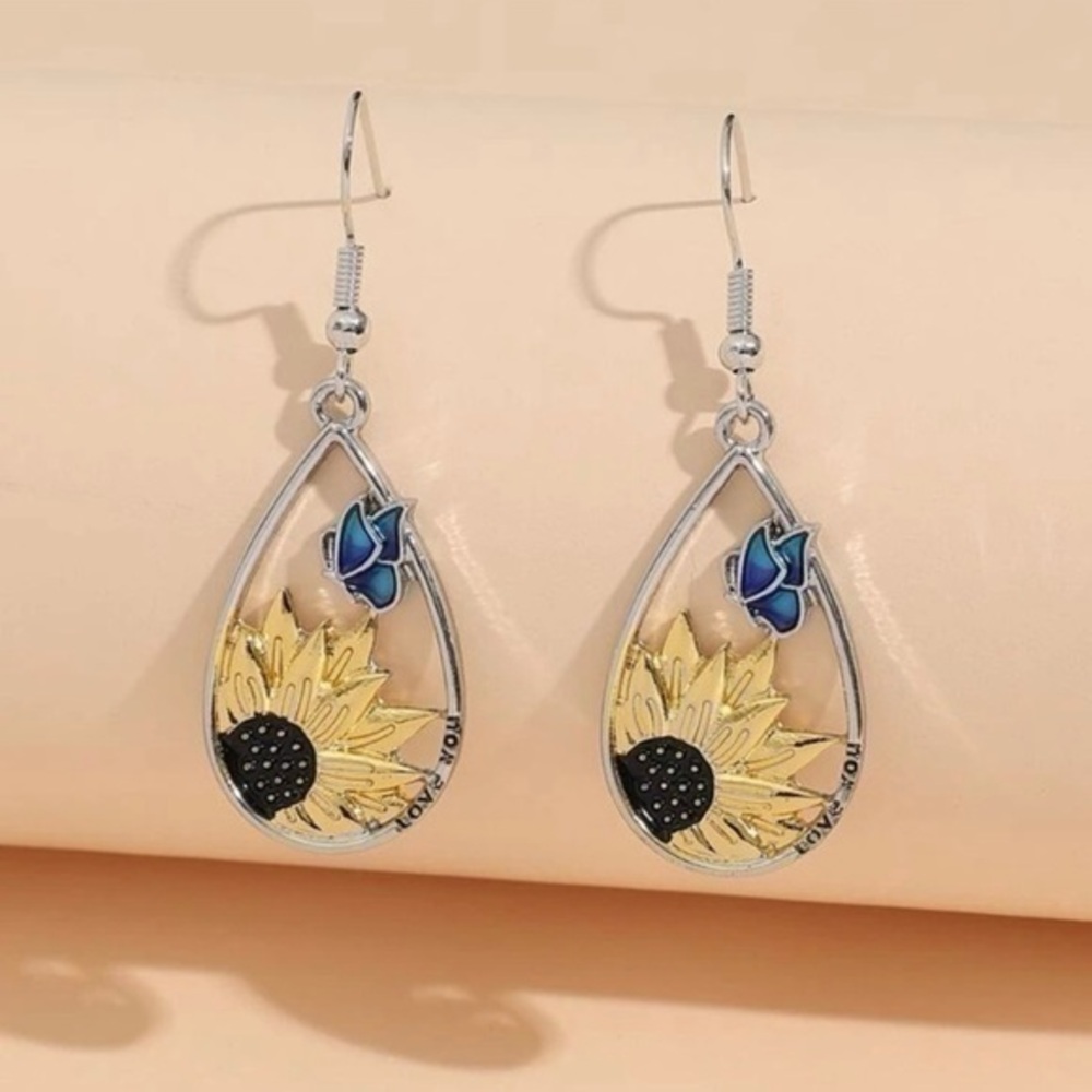 🆕 Silver Sunflower and Butterfly Drop Hoop Earrings